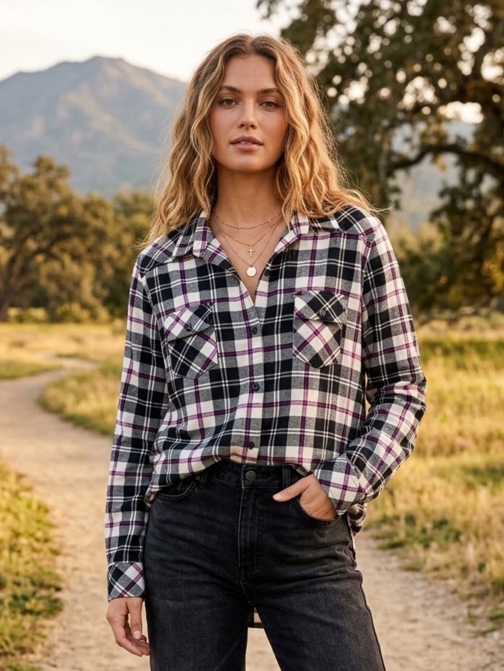 Matchstick Plaid Button-Up Cotton Flannel Shirt